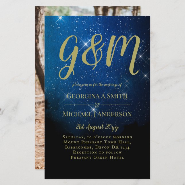 BUDGET Starry Night Navy Gold A9 Wedding Invites (Front/Back)