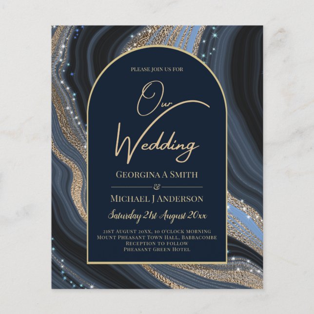 BUDGET Starry Night Navy Gold Agate Wedding INVITE (Front)