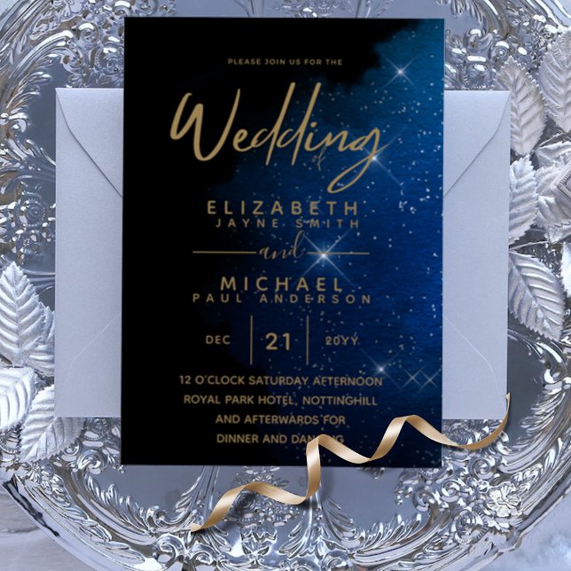BUDGET Starry Night Navy Gold Wedding Invitation (Creator Uploaded)