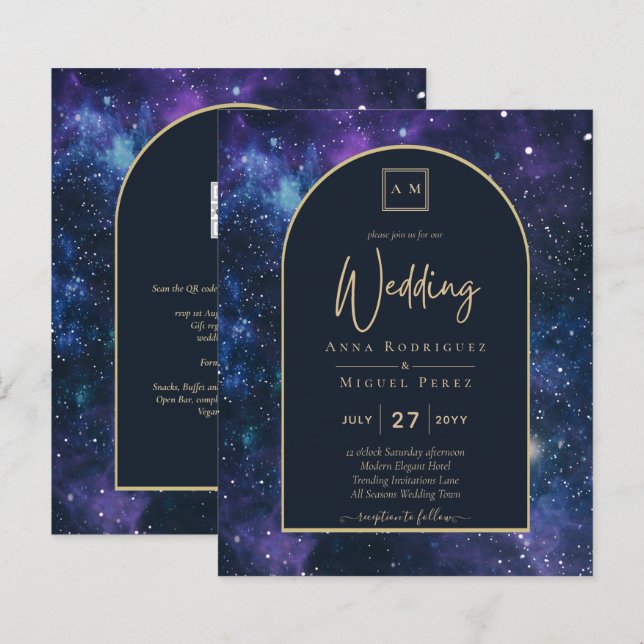 BUDGET Starry Night Purple Blue Wedding INVITE (Front/Back)
