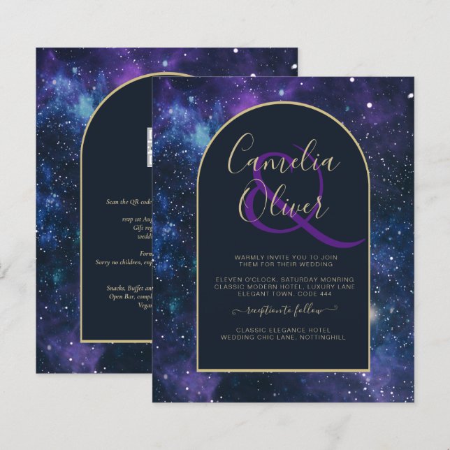 BUDGET Starry Night Purple Blue Wedding INVITE (Front/Back)