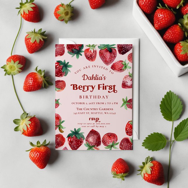 Budget Strawberry 1st Berry First Birthday (Strawberry 1st Birthday Berry First Birthday Invitation)