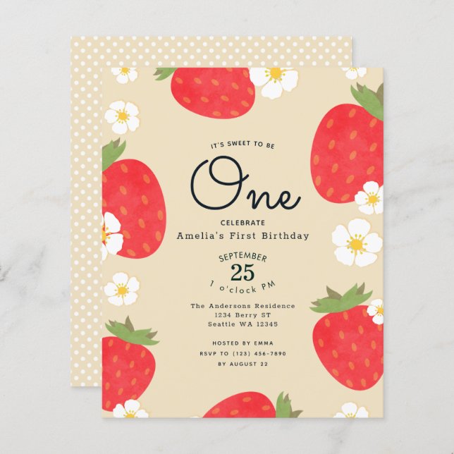 Budget Strawberry 1st Birthday Invitation (Front/Back)