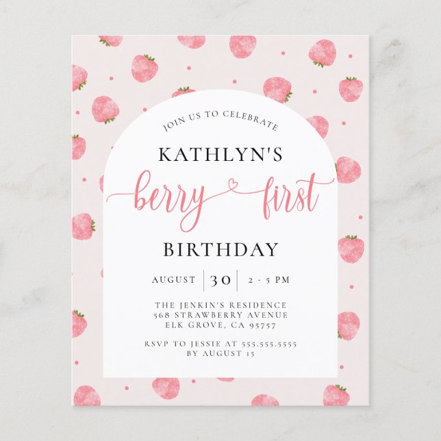 Budget Strawberry Berry First Birthday Invitation (Front)