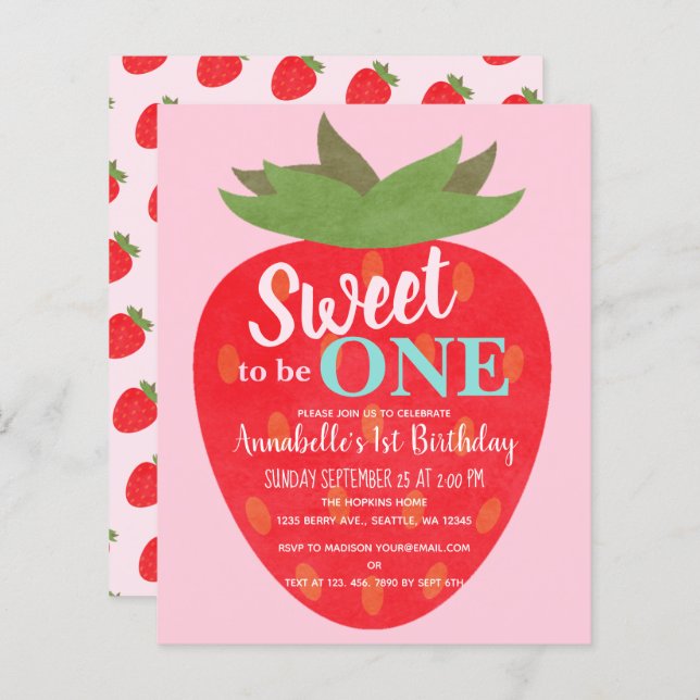 Budget Strawberry Kids First Birthday Invite  (Front/Back)