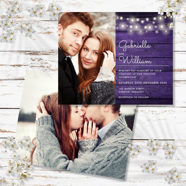 Budget String Lights Purple Photo Wedding Invite (Budget String Lights Purple Photo Wedding Invite)