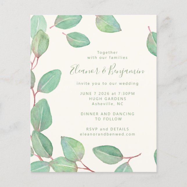 Budget Stylish Eucalyptus Greenery Script Wedding (Front)