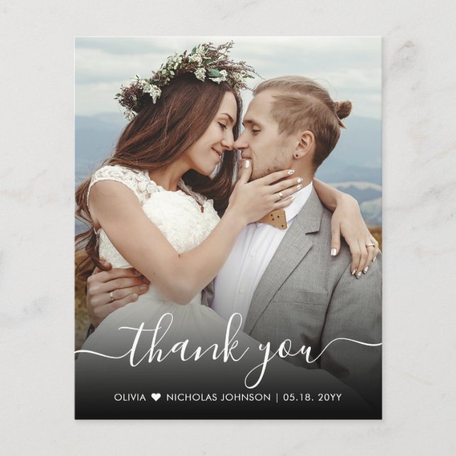 Budget Stylish Script Photo Wedding Thank You Card (Front)