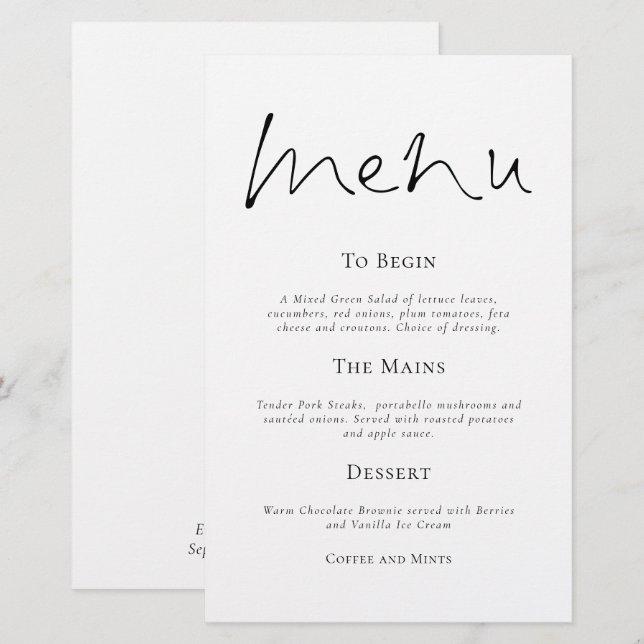 Budget Stylish Typography Simple Wedding Menu (Front/Back)