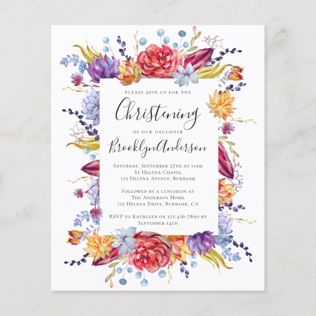 Budget Succulent Christening Invitation (Front)