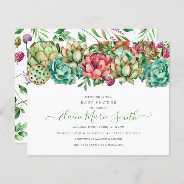 Budget Succulent unisex Baby Shower Invitation (Front/Back)