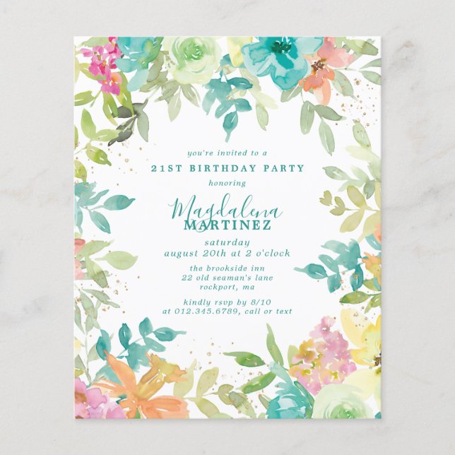 Budget Summer Floral 21st Birthday Invitation (Front)