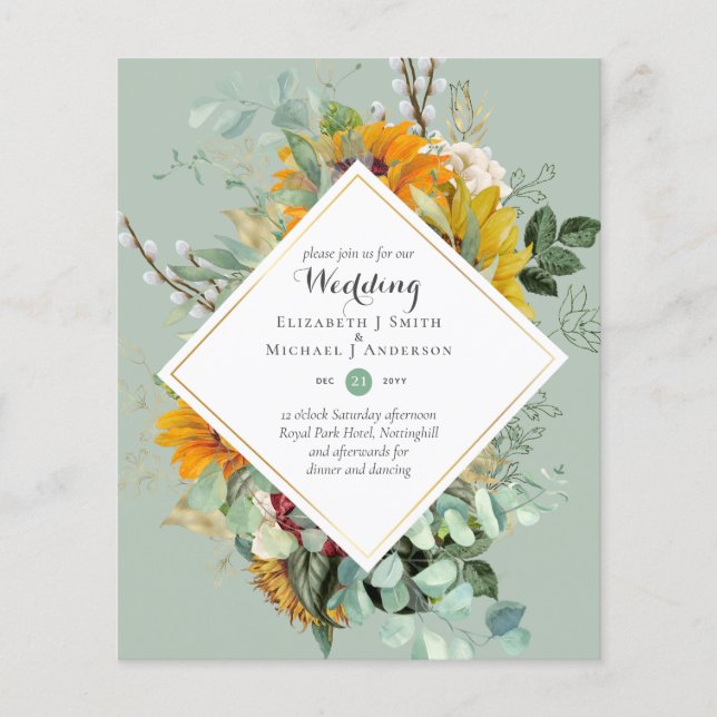 Budget Sun Flowers Greenery WEDDING Invitations Flyer (Front)