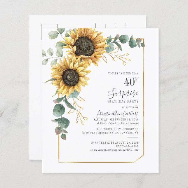 Budget Sunflower 40th Birthday Party Invitation (Front/Back)