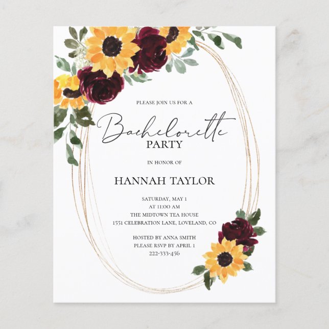 Budget Sunflower Bachelorette Party Invitation (Front)