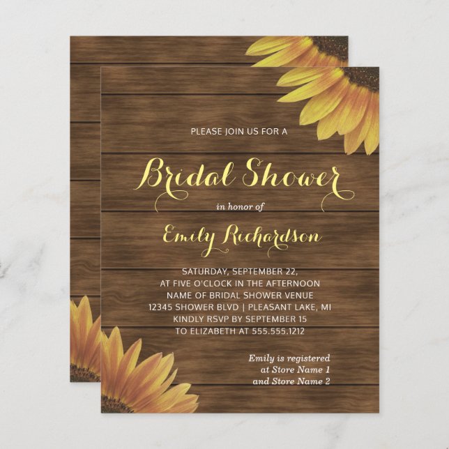 Budget Sunflower Barn Wood Rustic Bridal Shower (Front/Back)