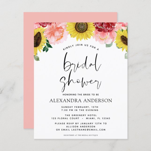 Budget Sunflower Bridal Shower Floral Invitations (Front/Back)