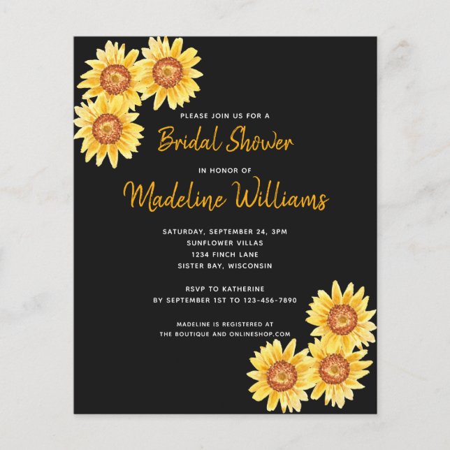 Budget Sunflower Bridal Shower Invitation Black (Front)