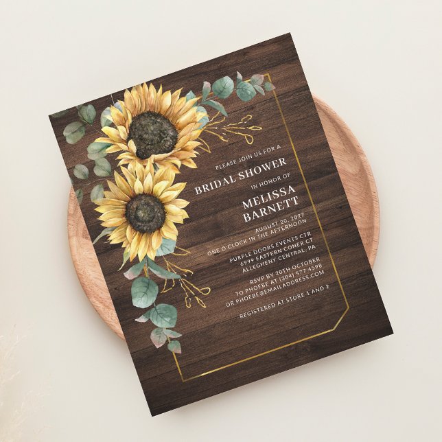 Budget Sunflower Eucalyptus Bridal Shower Rustic (Rustic Floral Sunflower Eucalyptus Greenery Wood Bridal Shower Invitation)
