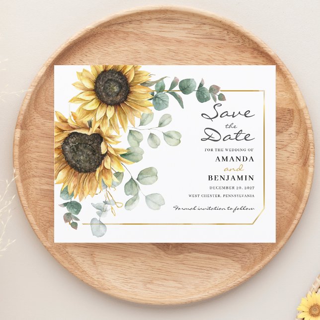 Budget Sunflower Eucalyptus Floral Save The Date (Sunflower Eucalyptus Watercolor Wedding Save the Date)