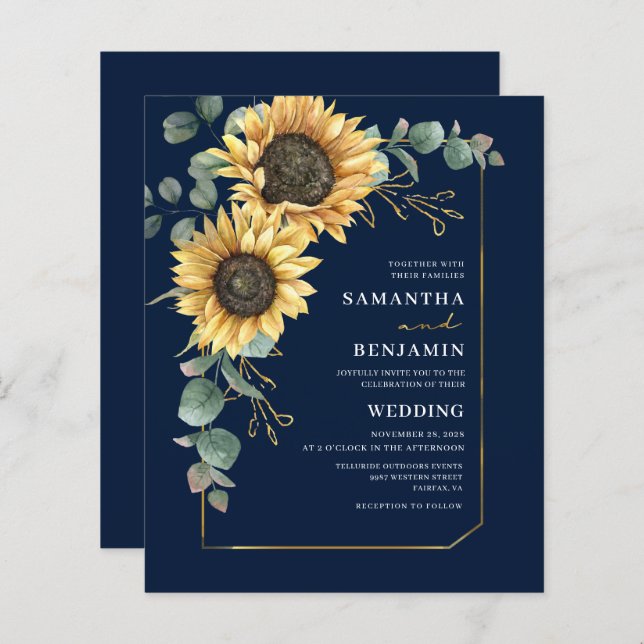 Budget Sunflower Eucalyptus Floral Wedding Invite (Front/Back)
