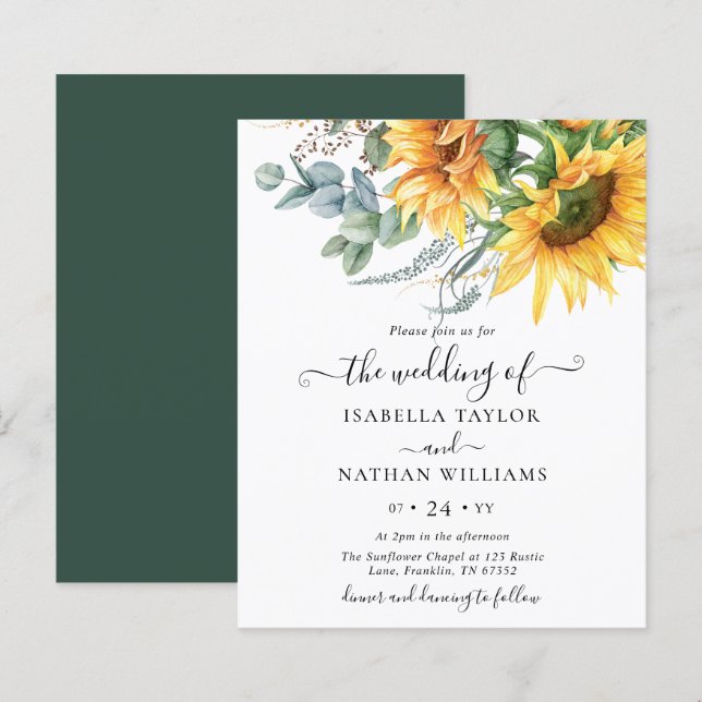 Budget Sunflower Eucalyptus Wedding Invitation (Front/Back)