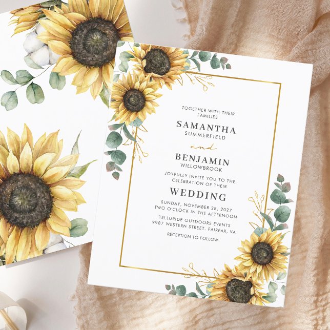 Budget Sunflower Eucalyptus Wedding Invitation (Floral Modern Sunflower Eucalyptus Wedding Invitation)