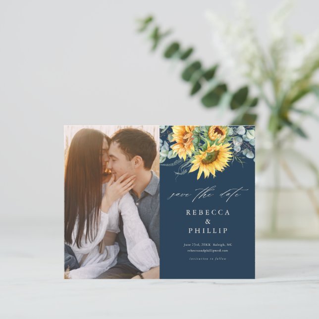 Budget Sunflower Eucalyptus Wedding Save the Date (Standing Front)
