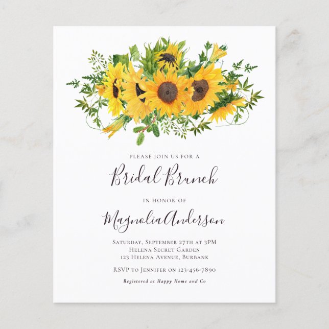 Budget Sunflower Floral Bridal Brunch Invitation (Front)
