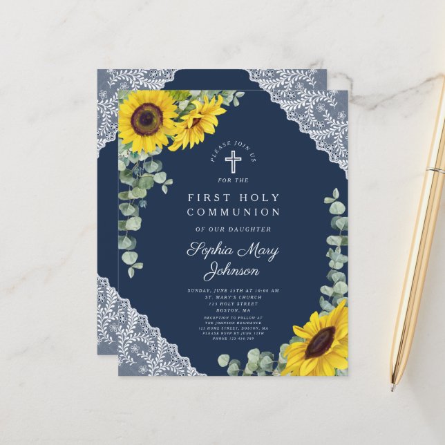 Budget Sunflower Navy Blue Lace First Communion (Front/Back In Situ)