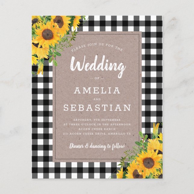 BUDGET Sunflower Plaid Wedding Invitation (Front)