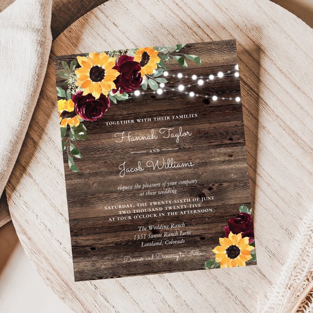 Budget Sunflower Roses Wood Wedding Invitation (Creator Uploaded)