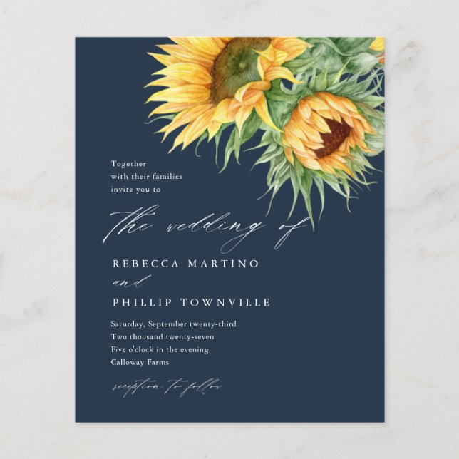 Budget Sunflower  Script Wedding Invitation (Front)