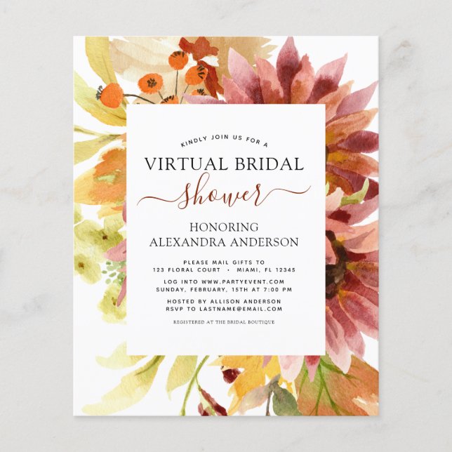 Budget Sunflower Virtual Bridal Shower Burgundy (Front)