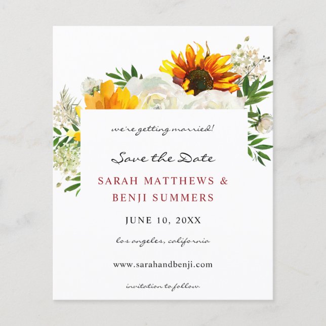 Budget Sunflower & W Floral Artsy Save the Date V2 Flyer (Front)