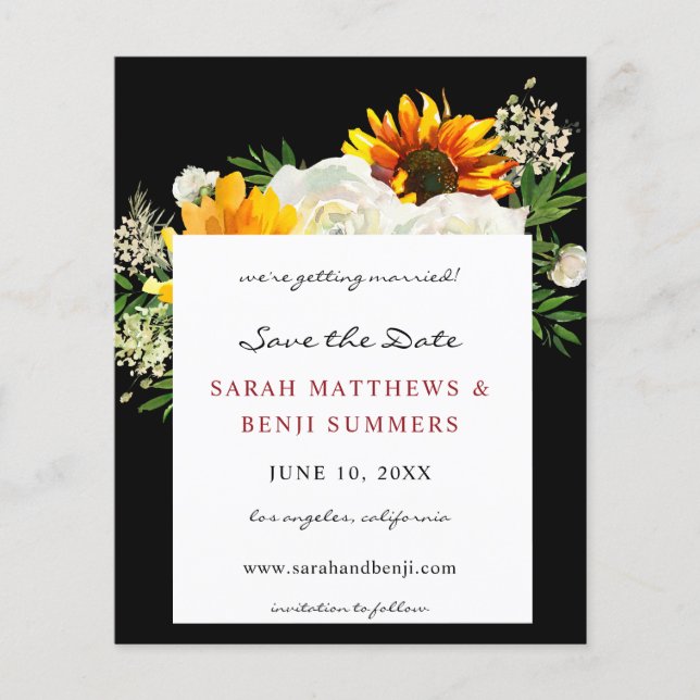 Budget Sunflower &W Floral B Artsy Save the Date 2 Flyer (Front)