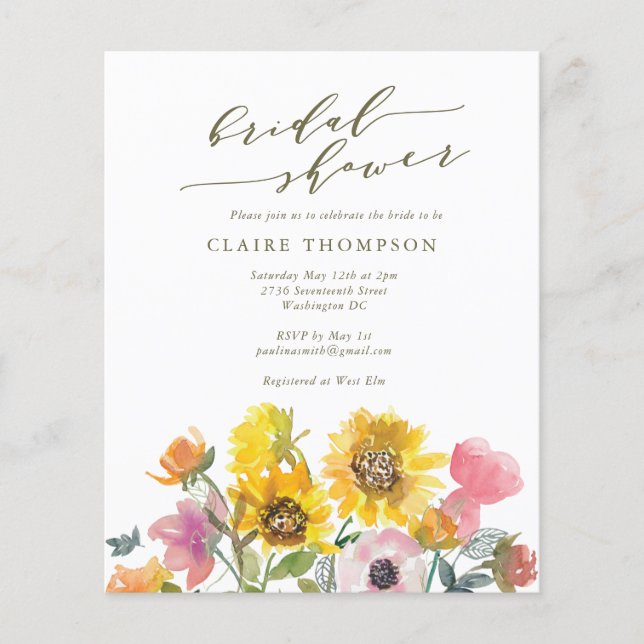 Budget Sunflower Watercolor Script Bridal Shower (Front)
