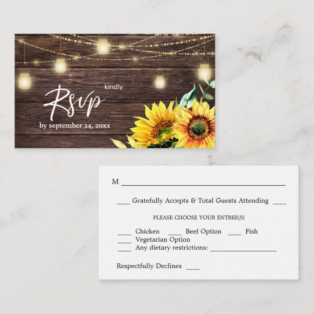 Budget Sunflower, Wood, Lights 2SM Meal RSVP Enclosure Card (Front/Back)