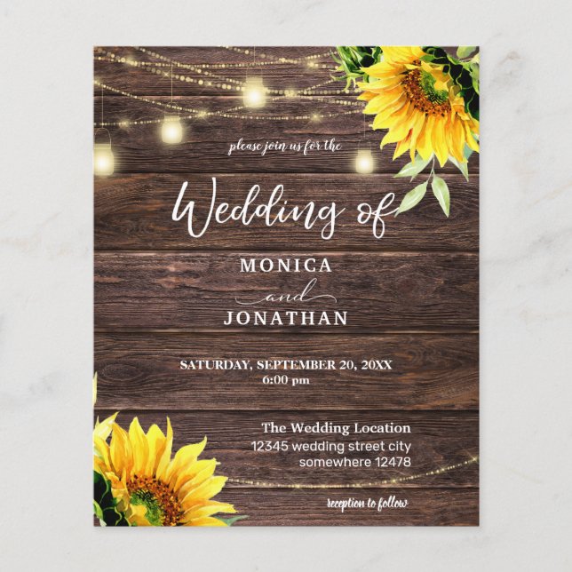 Budget Sunflower Wood, Mason String Lights Wedding Flyer (Front)