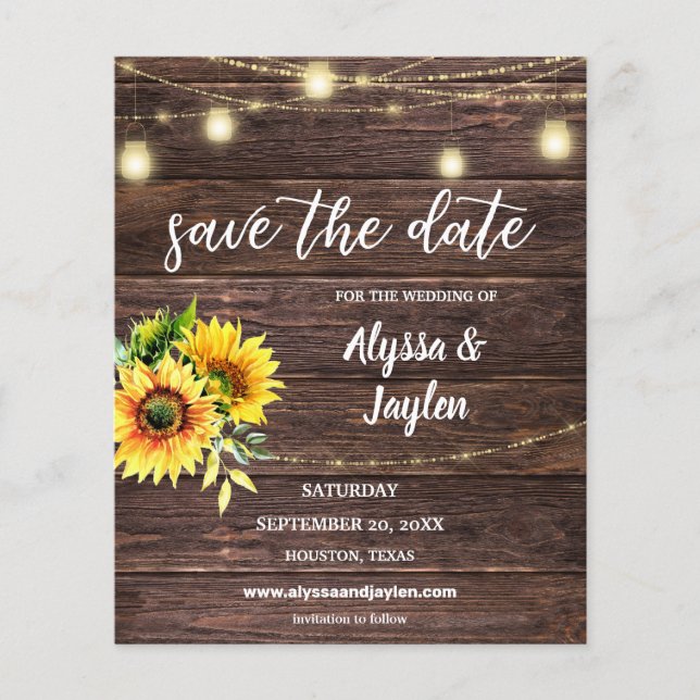 Budget Sunflower Wood & String Light Save the Date Flyer (Front)
