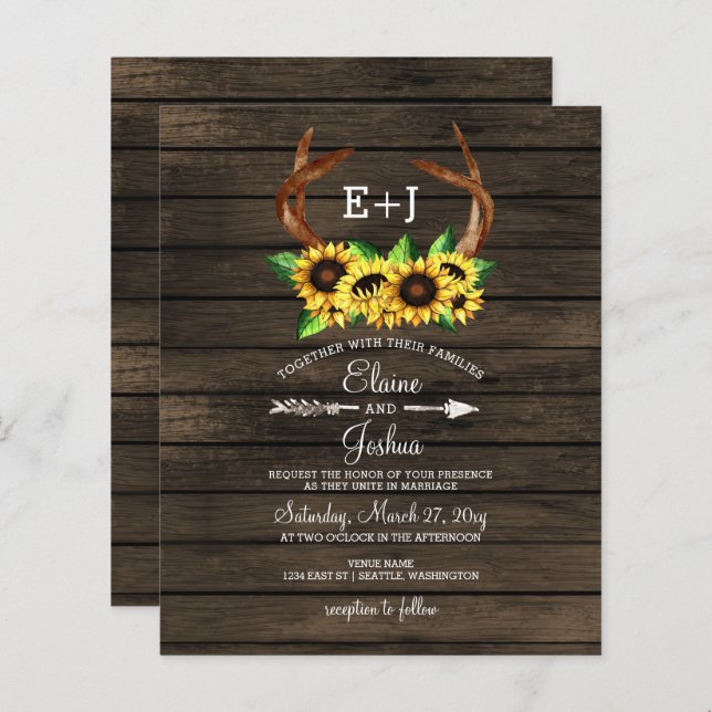  Budget Sunflowers Antlers Chic Wedding Invitation (Front/Back)