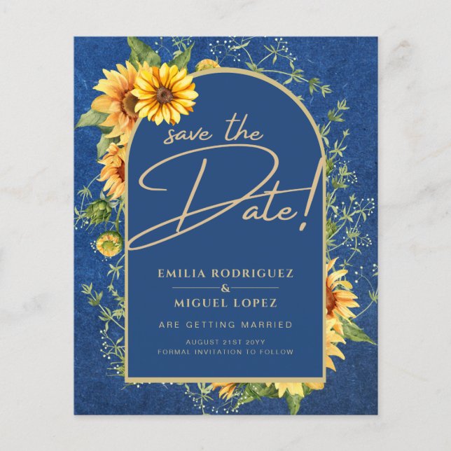 BUDGET Sunflowers BLUE Wedding Save The Date Flyer (Front)