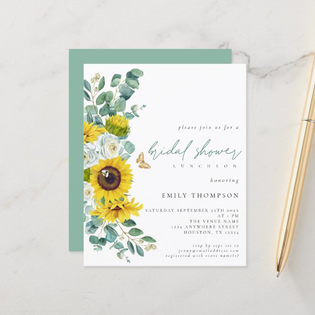 Budget Sunflowers Eucalyptus Script Bridal Shower (Front/Back In Situ)