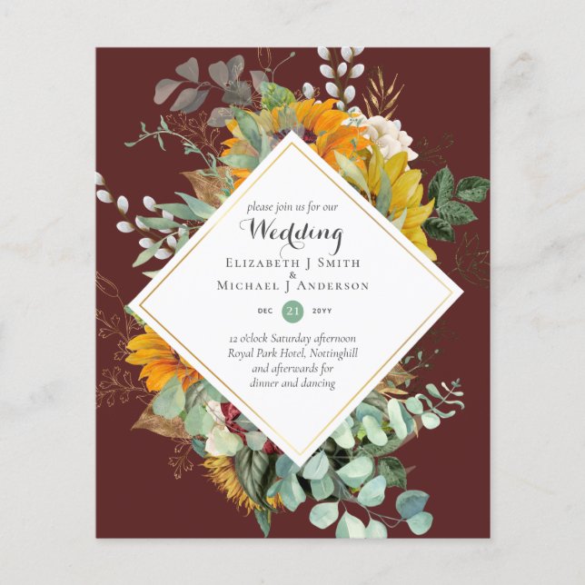 Budget Sunflowers Greenery Wedding Invites Flyer (Front)