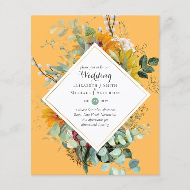 Budget Sunflowers Greenery Wedding Invites Flyer (Front)
