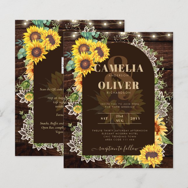 BUDGET Sunflowers Lights Lace Wedding INVITE (Front/Back)