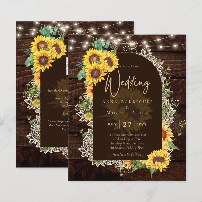 BUDGET Sunflowers Lights Lace Wedding INVITE (Front/Back)