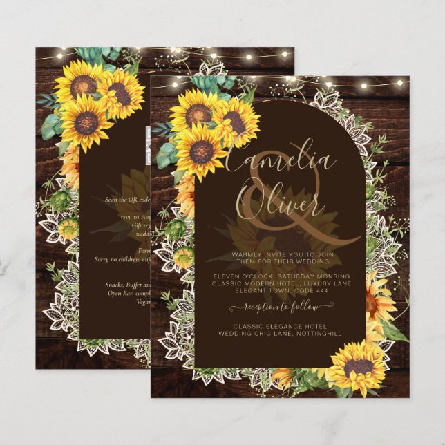 BUDGET Sunflowers Lights Lace Wedding INVITE (Front/Back)