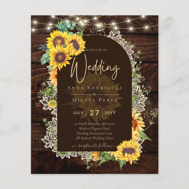 BUDGET Sunflowers Lights Lace Wedding INVITE Flyer (Front)