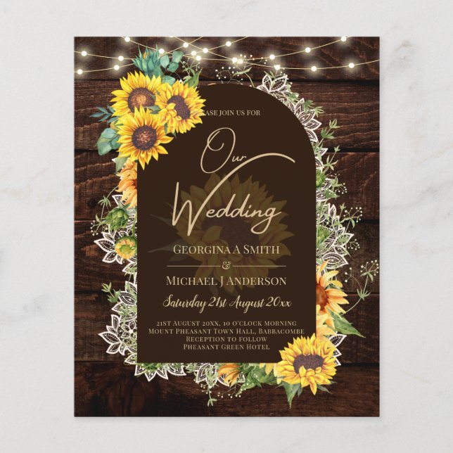 BUDGET Sunflowers Lights Lace Wedding INVITE Flyer (Front)